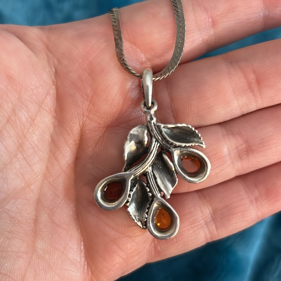 Vintage Genuine Amber Sterling Silver Necklace